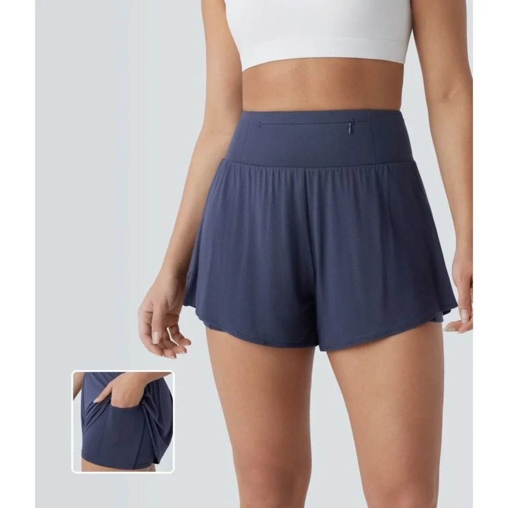 Halara High Waisted Multiple Pockets Split 2 in 1 Yoga Shorts Black‎ S Athletic